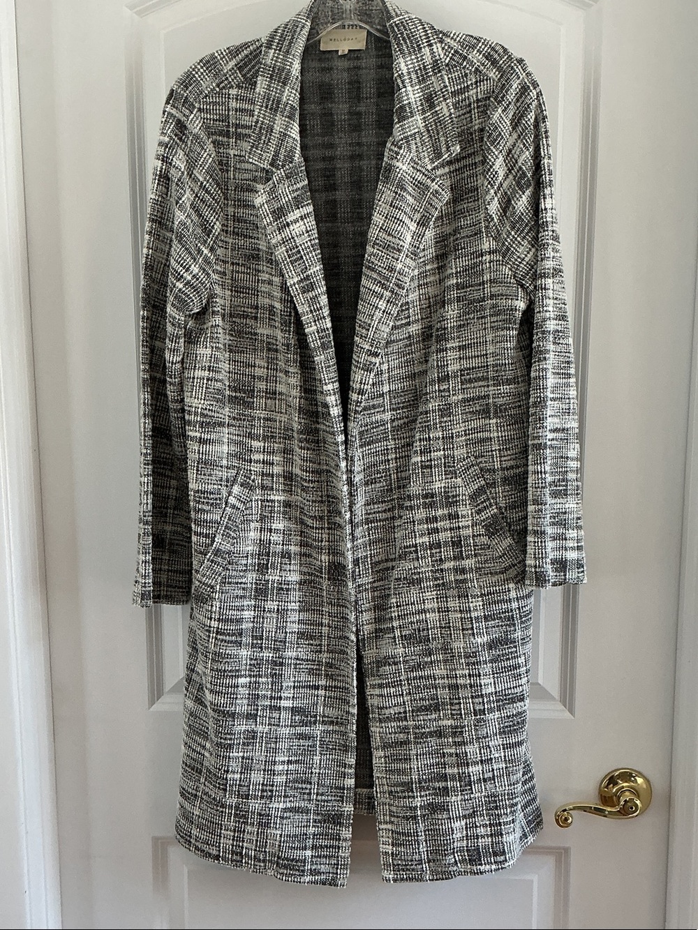 MELLODAY Black and White Tweed Open-Front Trench Coat - Medium